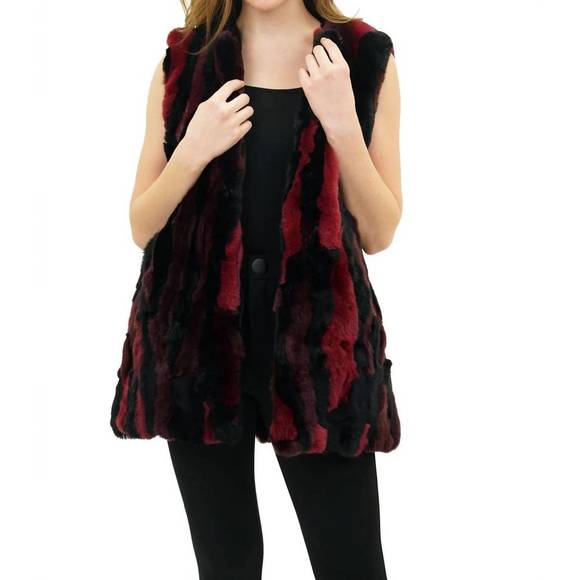 NEW LOVE TOKEN cyrus genuine real rex rabbit fur collarless vest in wine combo - Picture 1 of 3